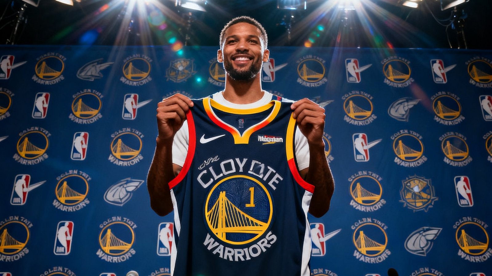 某NBA球星在新闻发布会上高举新球队球衣，背景是球队logo墙，闪光灯不断闪烁