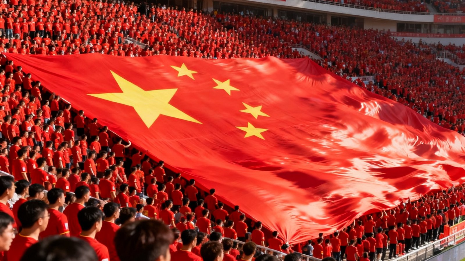 中国男足主场比赛中看台上数万名球迷身穿红色球衣组成红色人浪，巨型国旗在看台展开