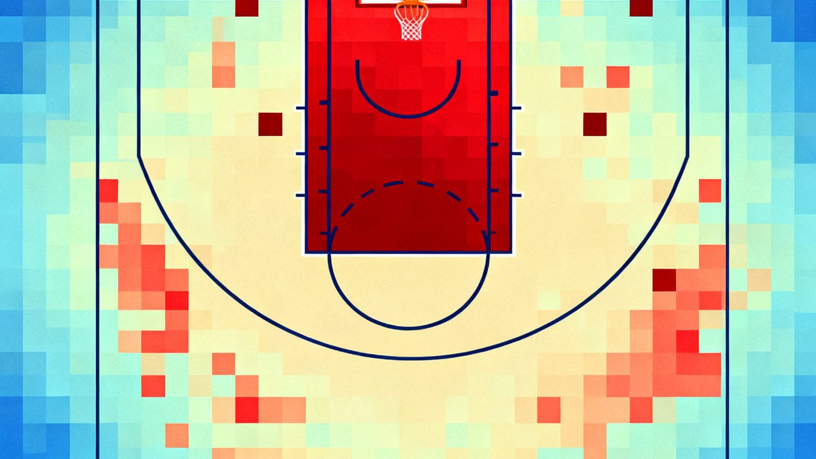 NBA球员本赛季投篮热力图，颜色从蓝色到红色表示命中率从低到高，三分线外区域多处呈深红色