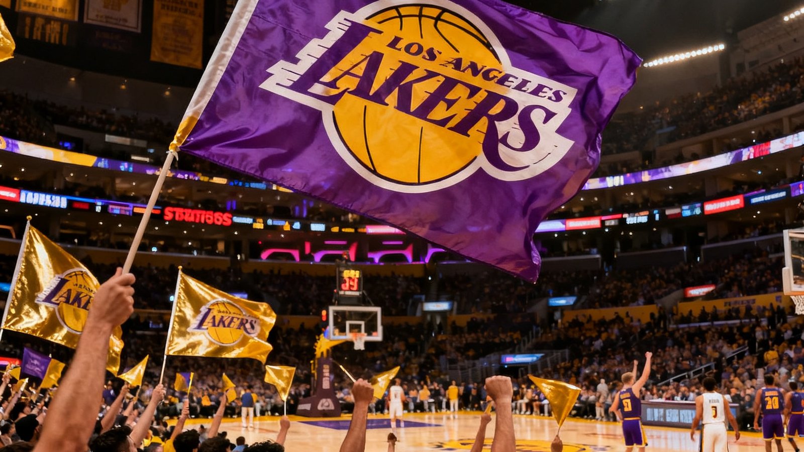 NBA季后赛洛杉矶湖人队在斯台普斯中心主场迎战对手，球场灯光璀璨，球迷挥舞紫色金色旗帜呐喊助威